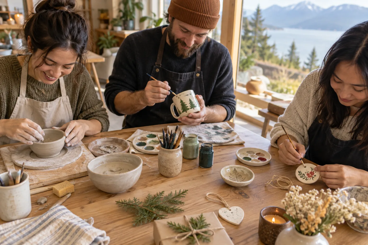 Friends making ceramic gifts together