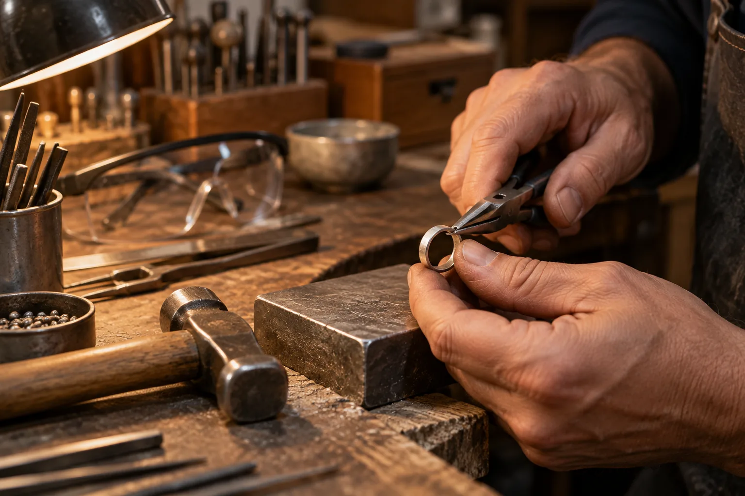 Hands shaping a silver ring at a workbench