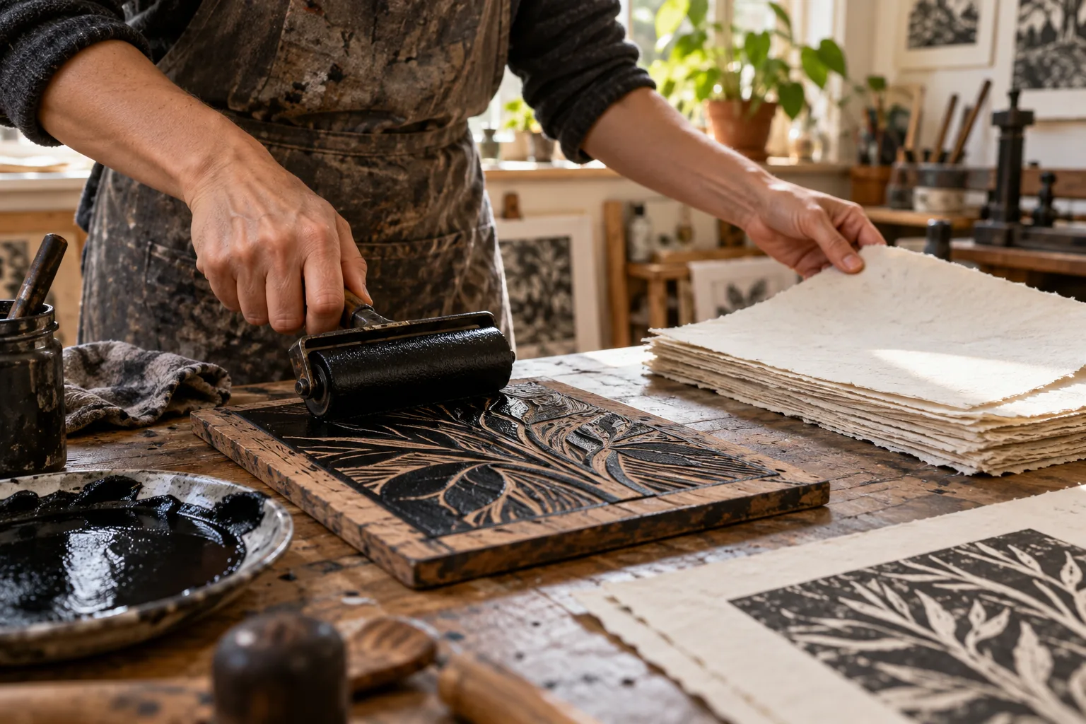 Hands inking a linocut printmaking block