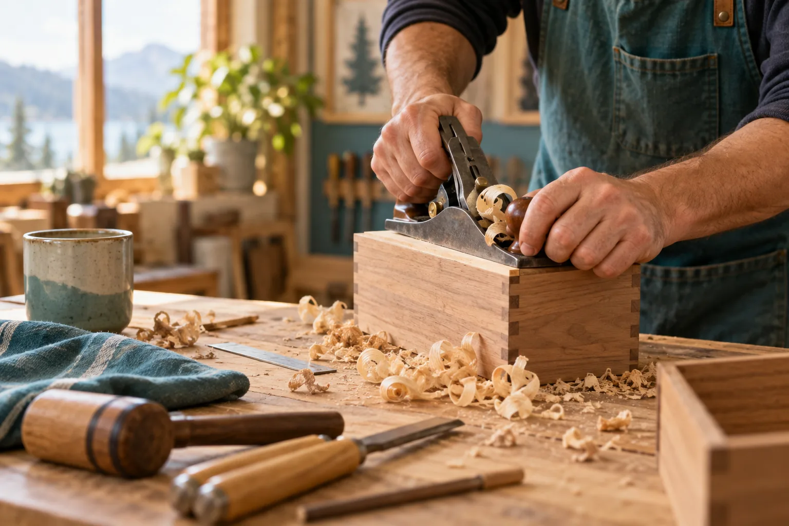 Hands planing wood at a workshop bench