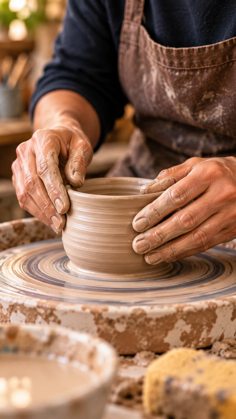Hands working with clay on a pottery wheel